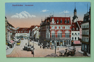 Postcard PC Saarbruecken 1910-1930 Market Tram shops Town architecture Saarland